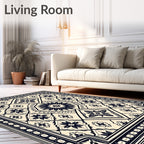 Cream and Navy Floral Medallion Rug