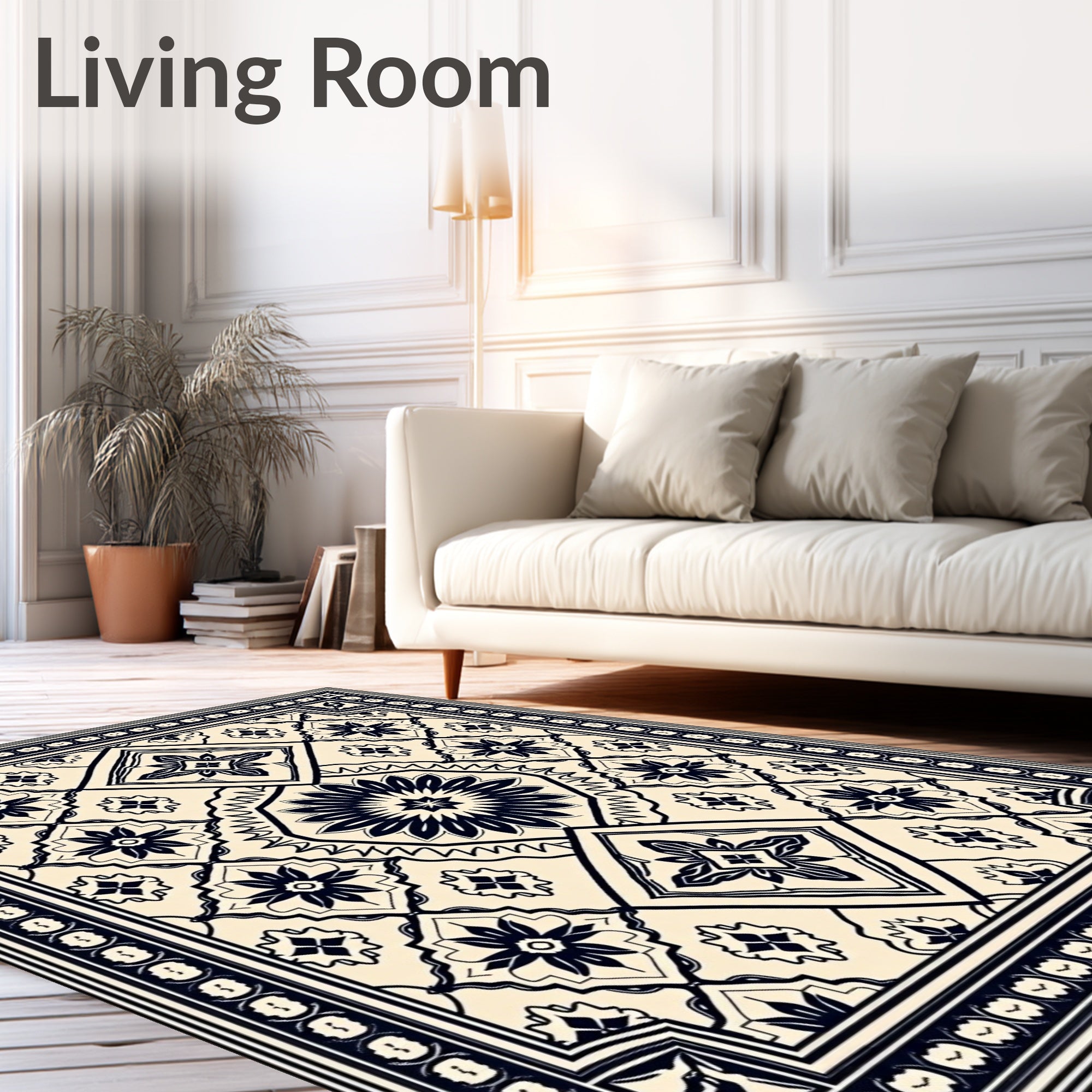 Cream and Navy Floral Medallion Rug