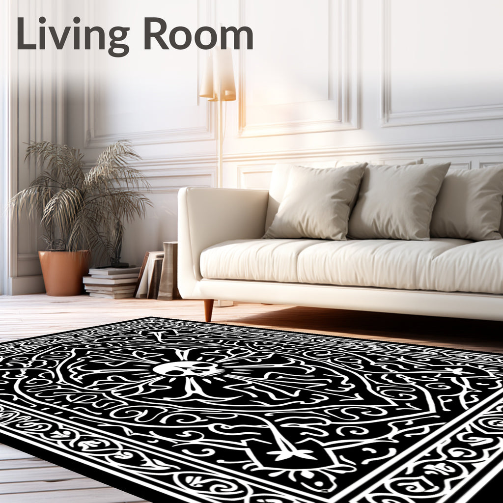 Gothic Skull Floral Black and White Rug