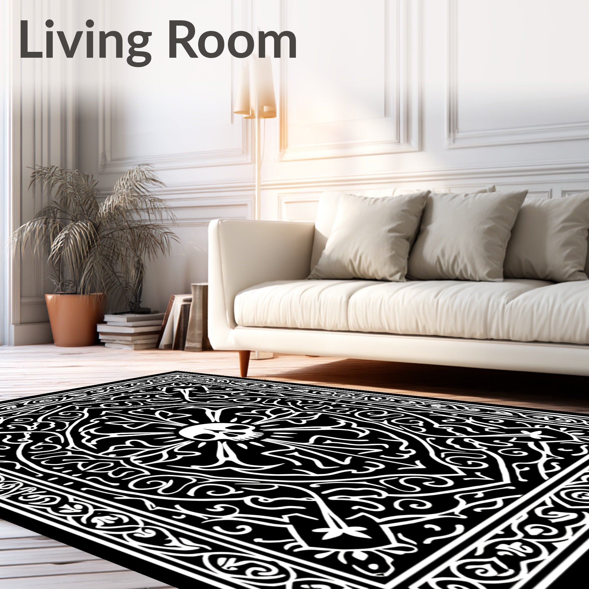 Gothic Skull Floral Black and White Rug