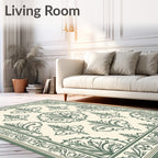 Sage Green Damask Scroll Border Rug