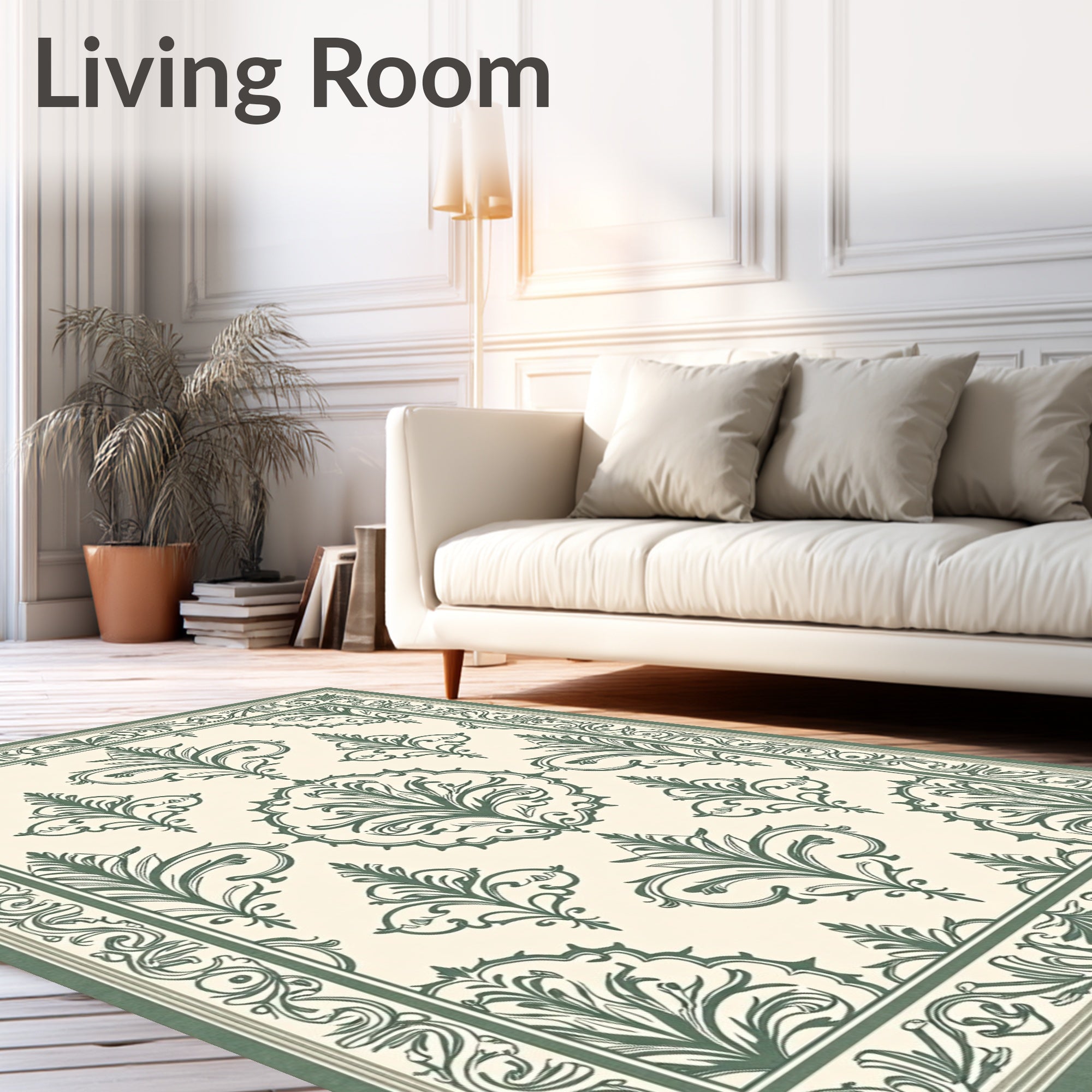 Sage Green Damask Scroll Border Rug