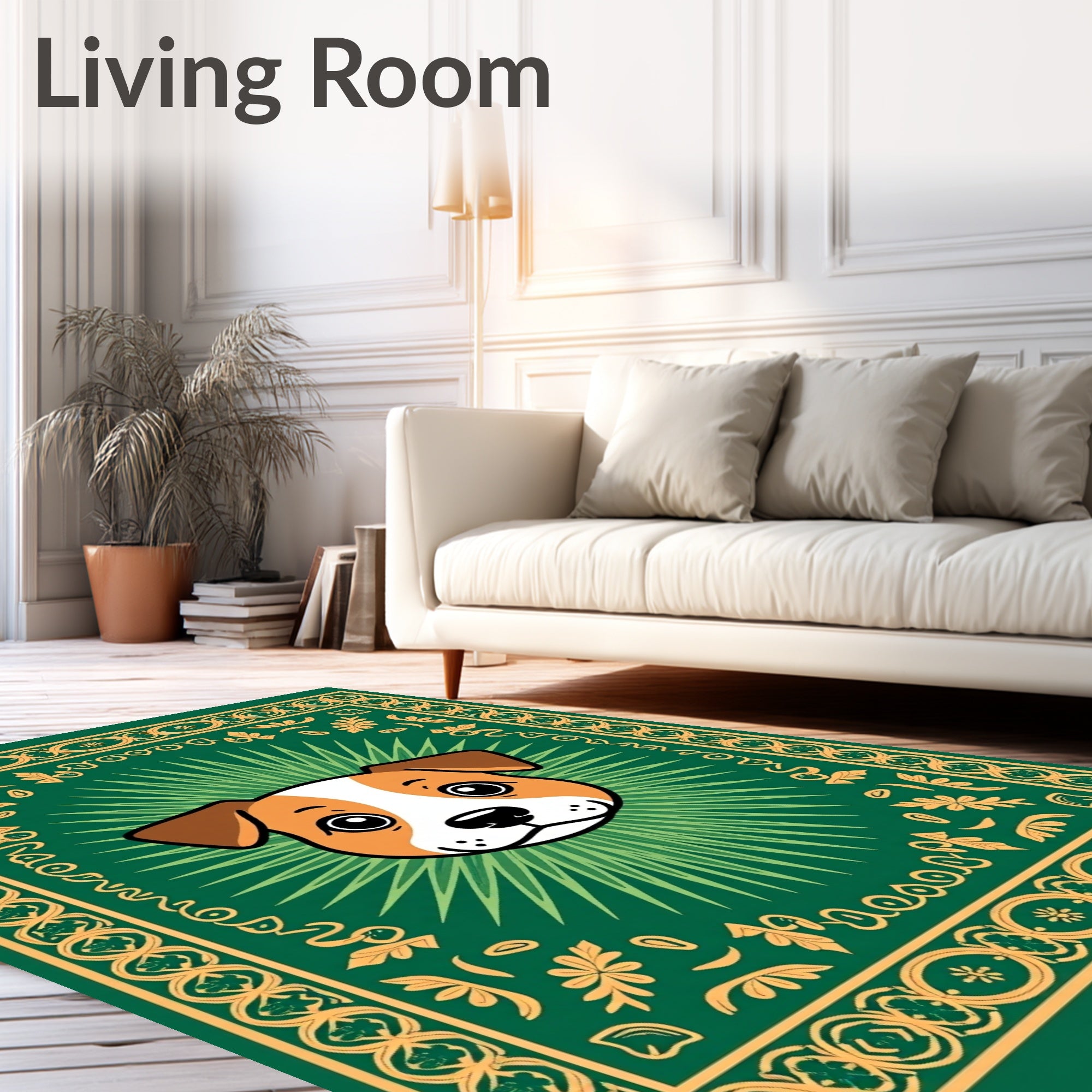 Cute Dog Green Golden Floral Square Rug
