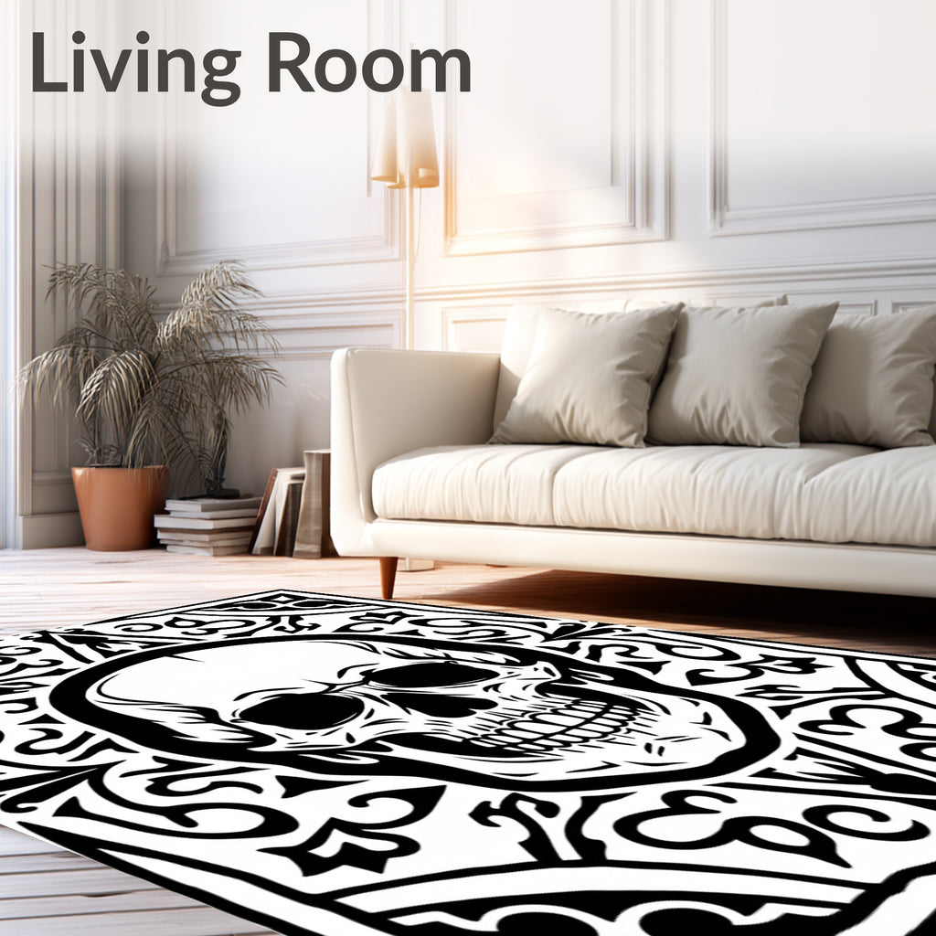 Monochromatic Skull Ornamental Border Rug