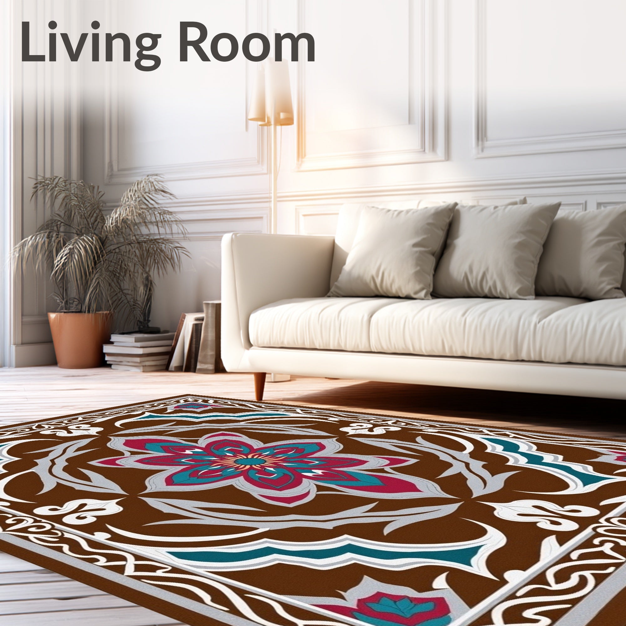 Brown Crimson Teal Floral Medallion Frame Rug