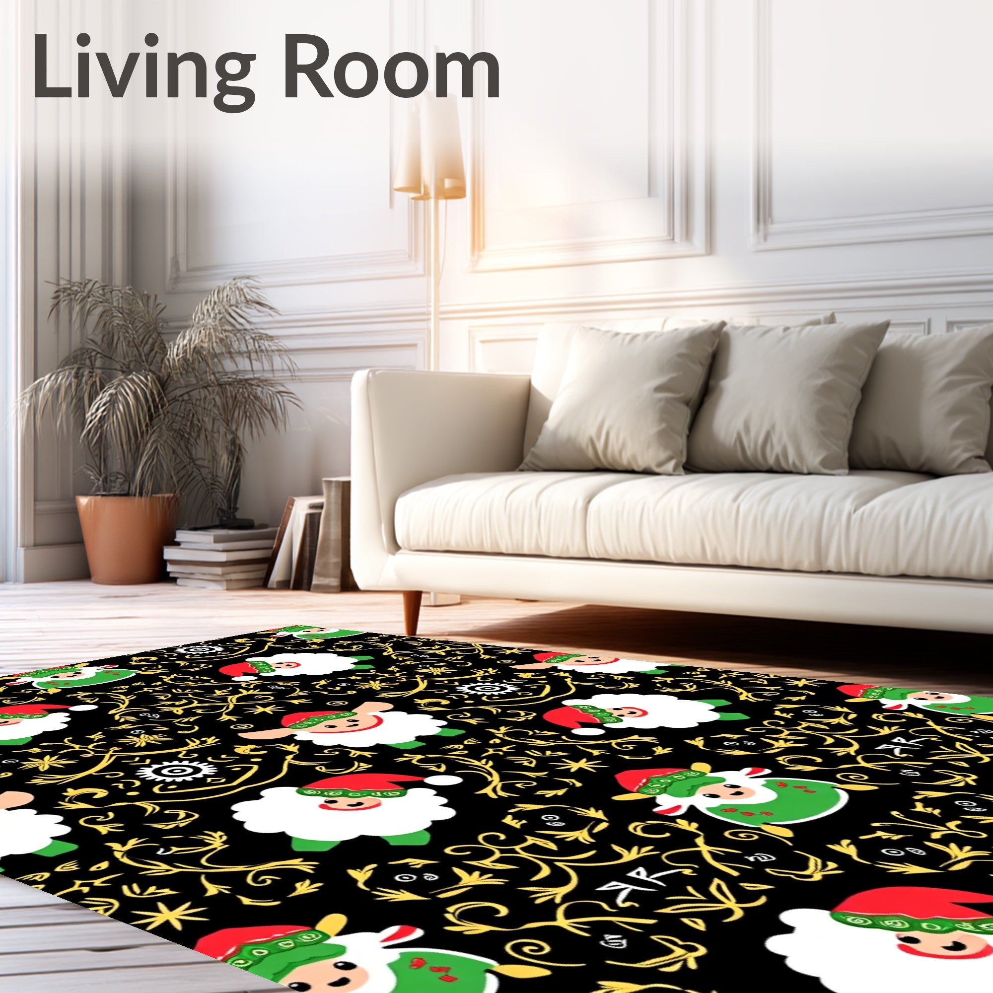 Whimsical Christmas Sheep Golden Swirls Rug