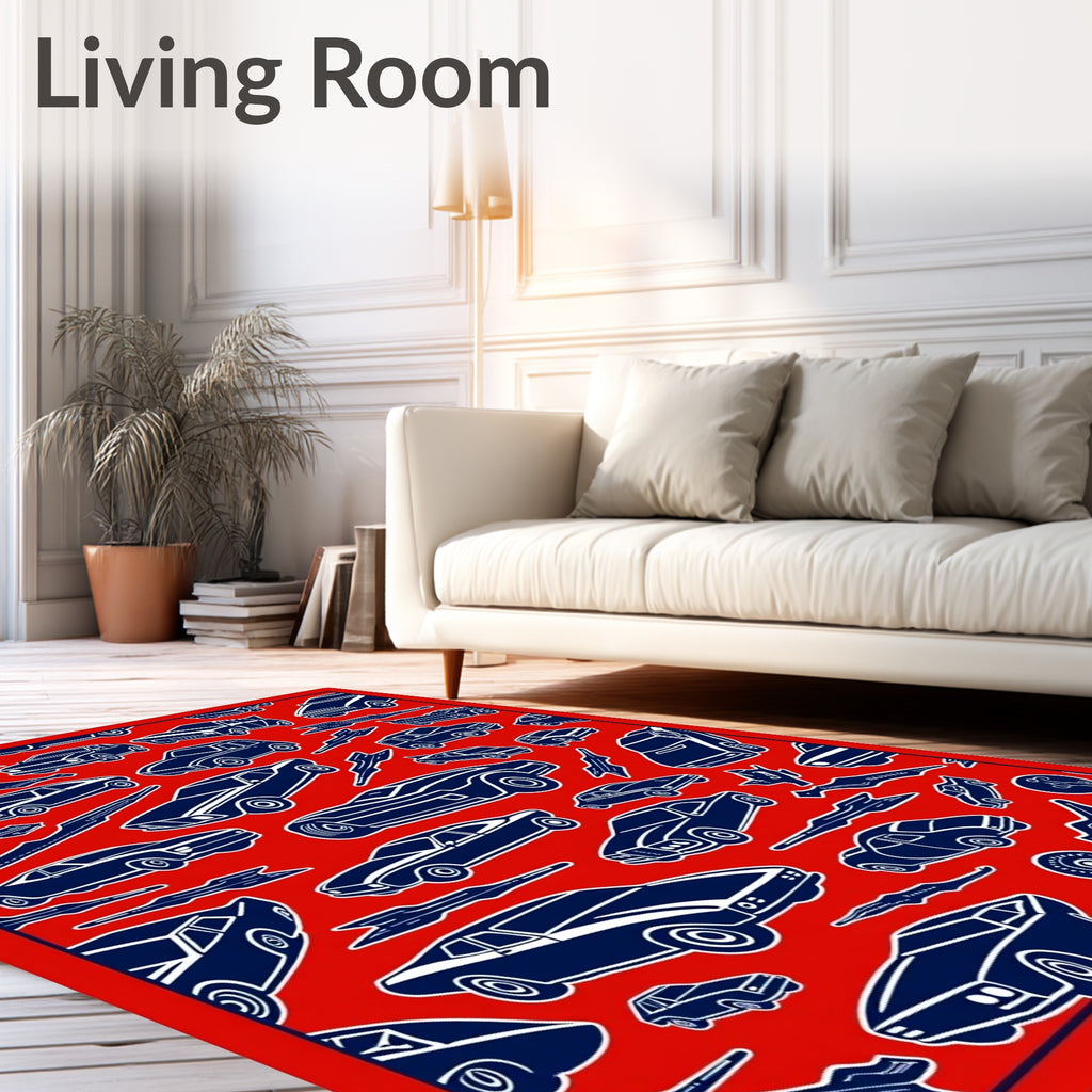 Retro Blue Cars on Red Background Rug