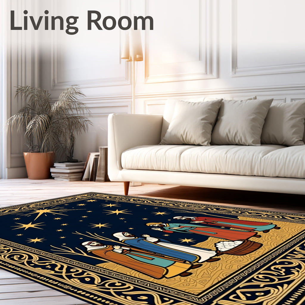 Golden Starry Night Religious Scene Rug