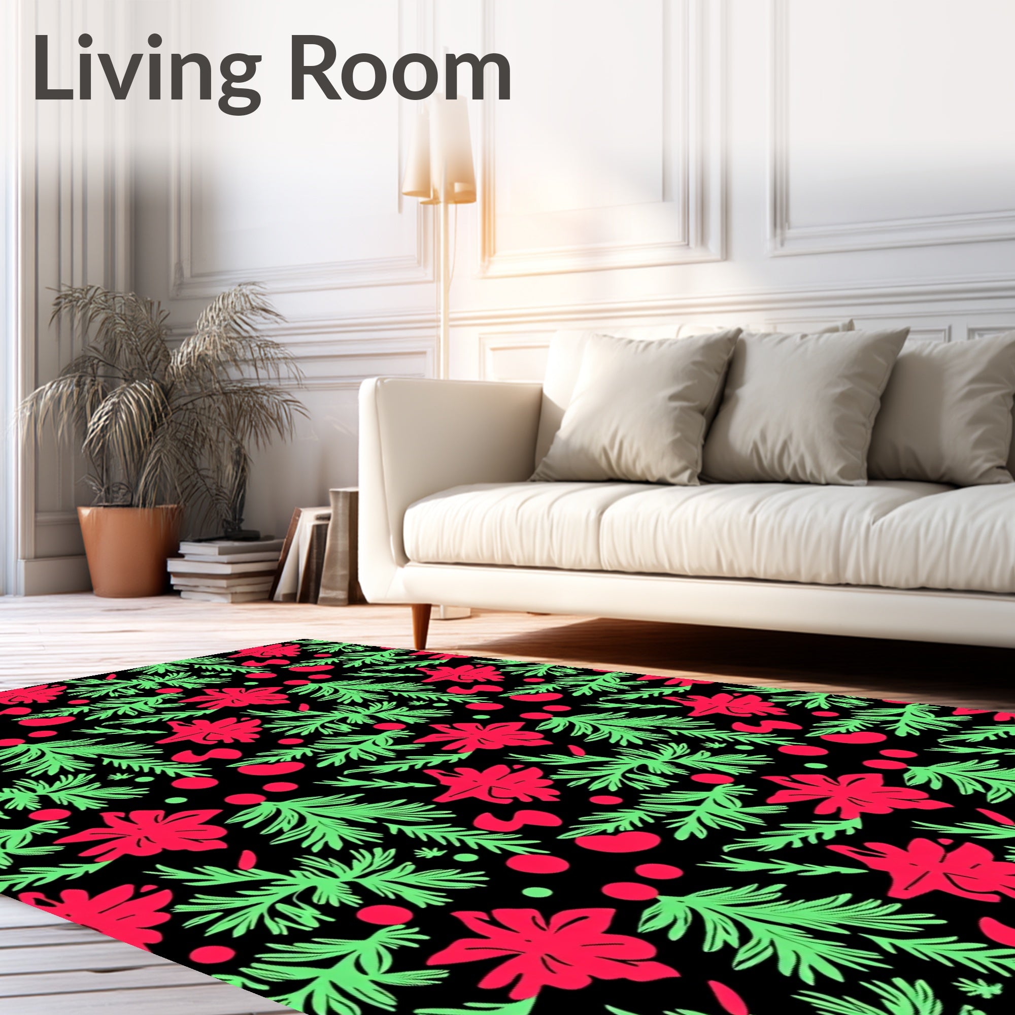 Whimsical Red Green Floral Evergreen Rug