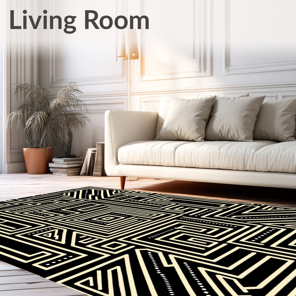Black Ivory Geometric Maze Lines Rug