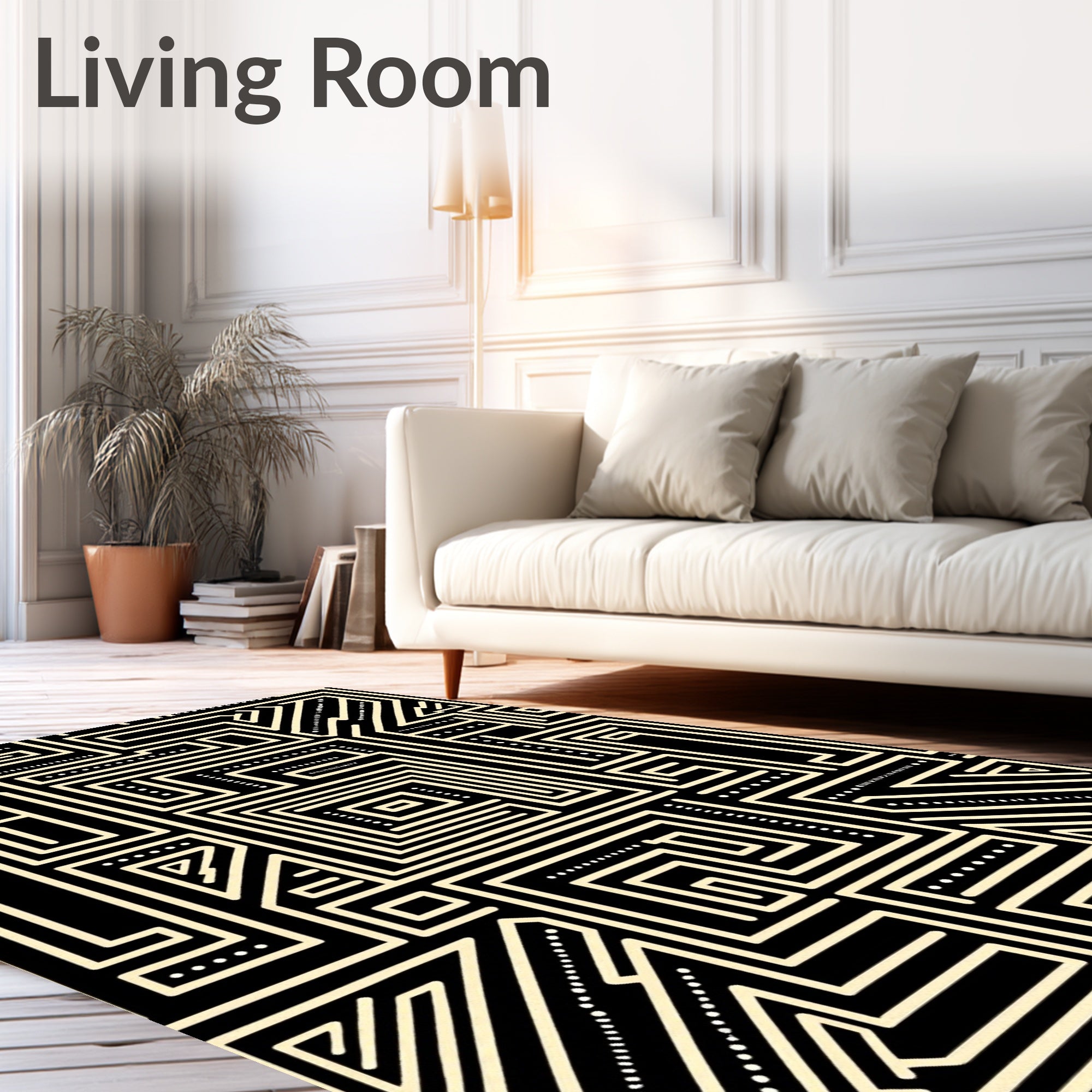 Black Ivory Geometric Maze Lines Rug