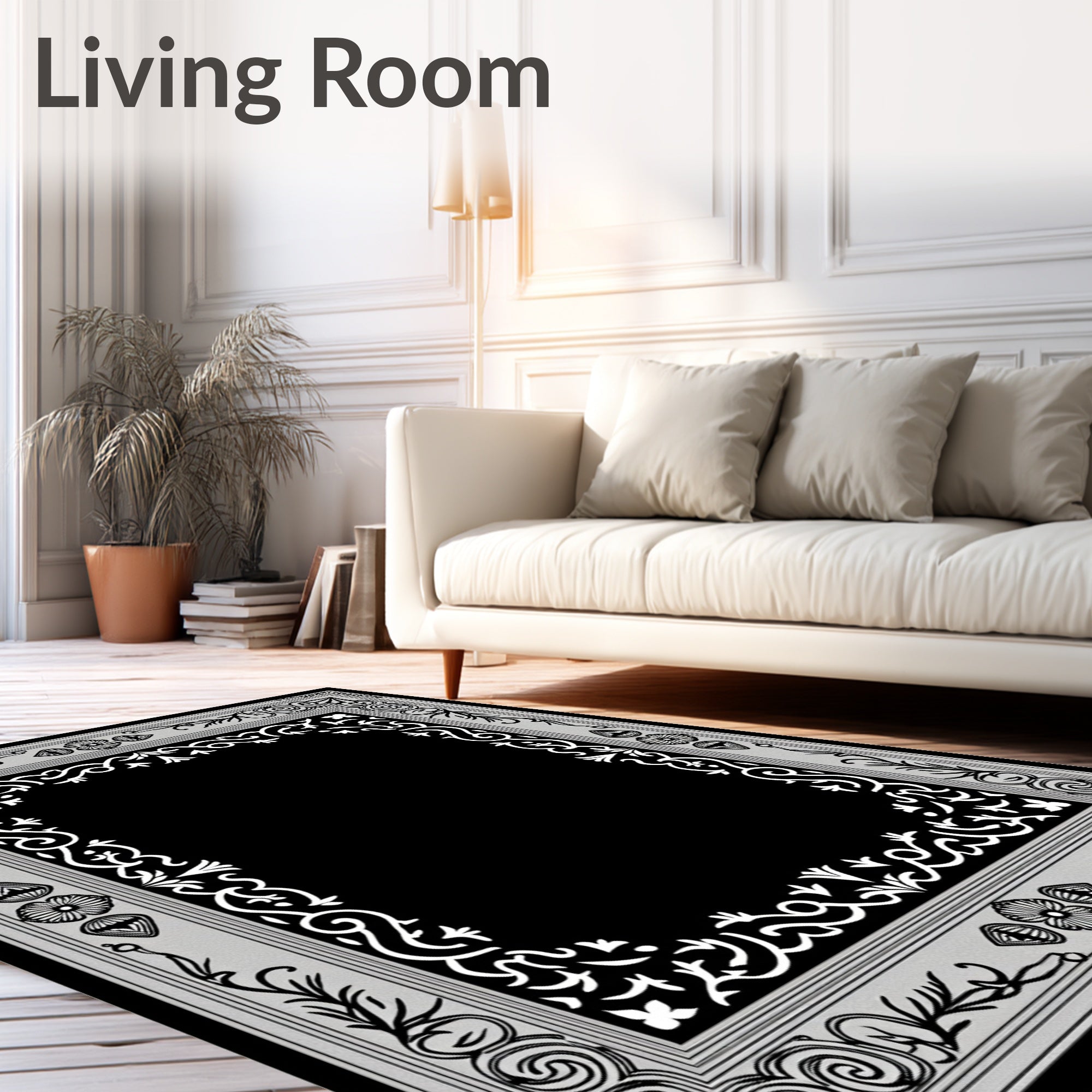 Elegant Black Gray Floral Scroll Rug