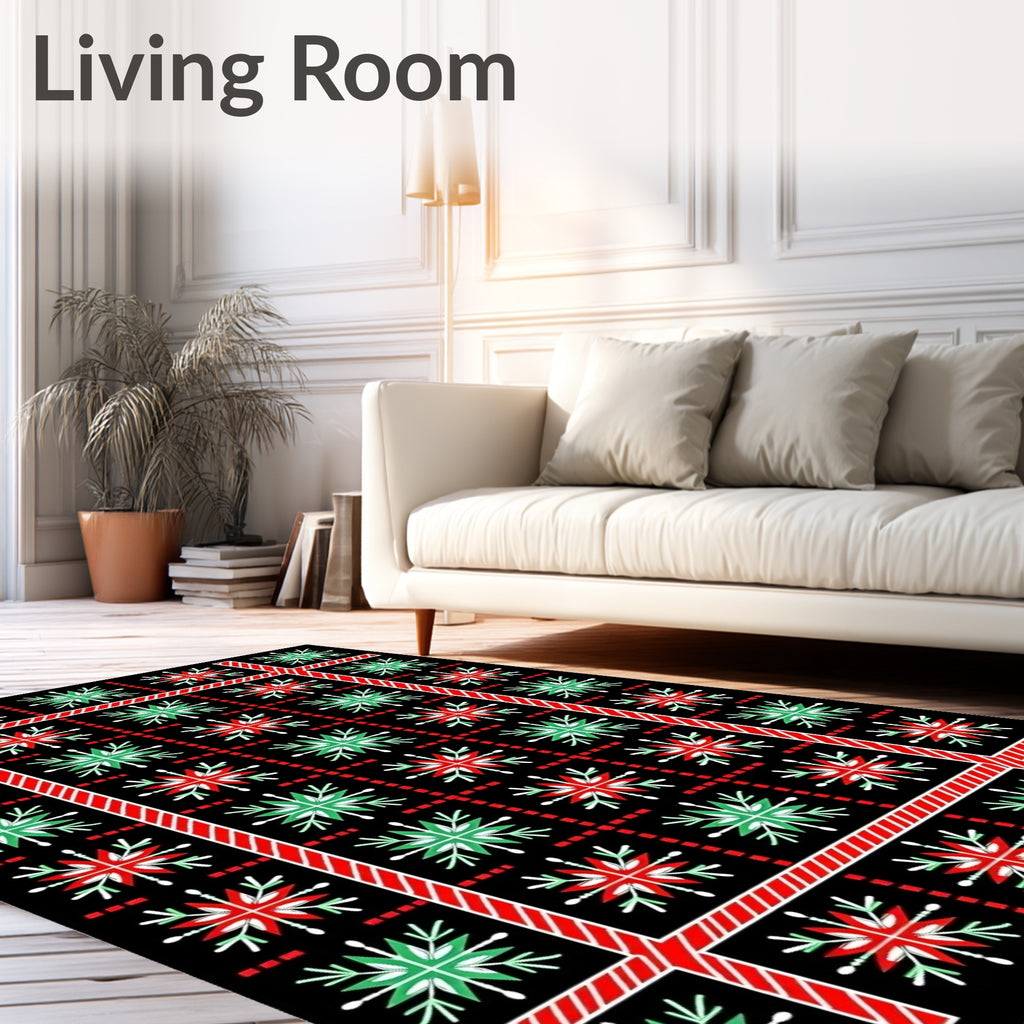 Red Green Snowflake Bordered Grid Rug