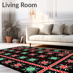 Red Green Snowflake Bordered Grid Rug