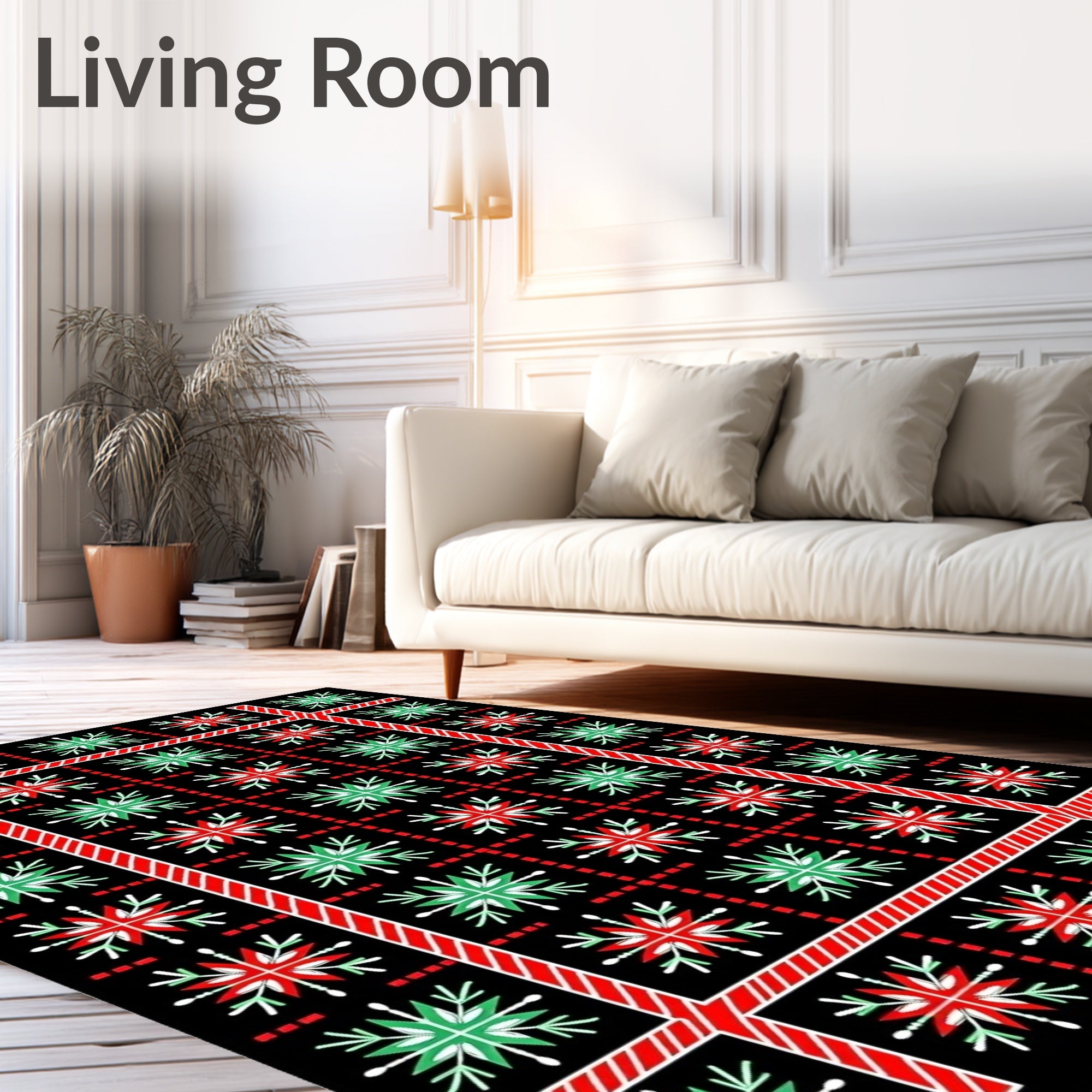 Red Green Snowflake Bordered Grid Rug