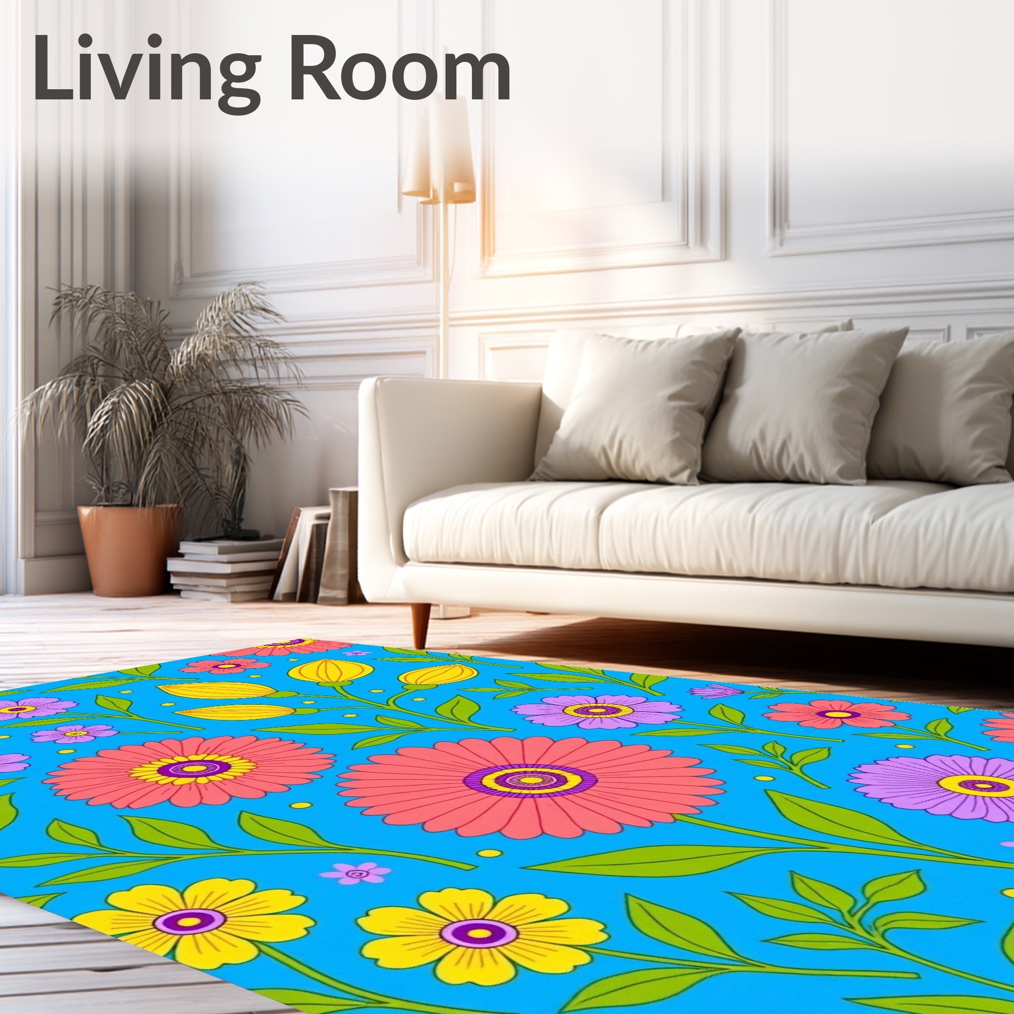 Bright Coral Purple Yellow Floral Garden Rug
