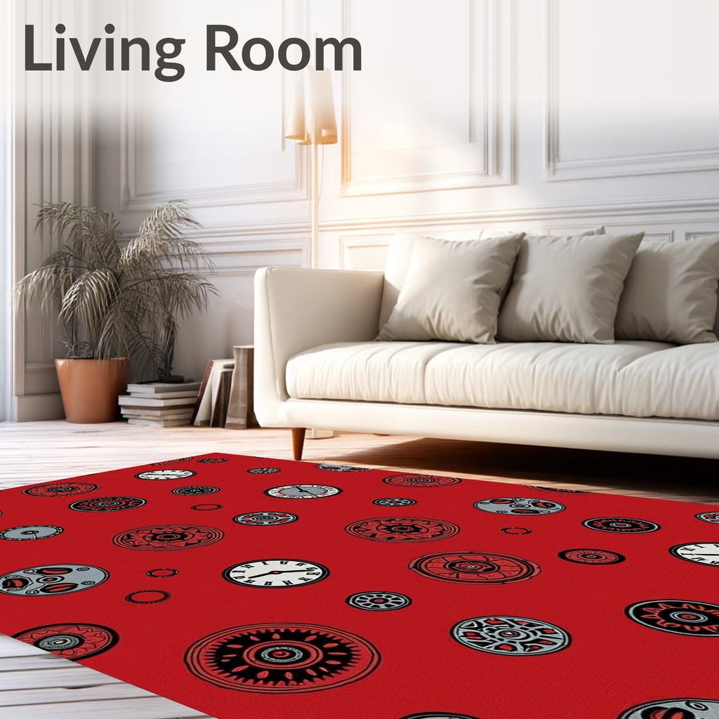 Red Steampunk Clock Medallion Collage Rug