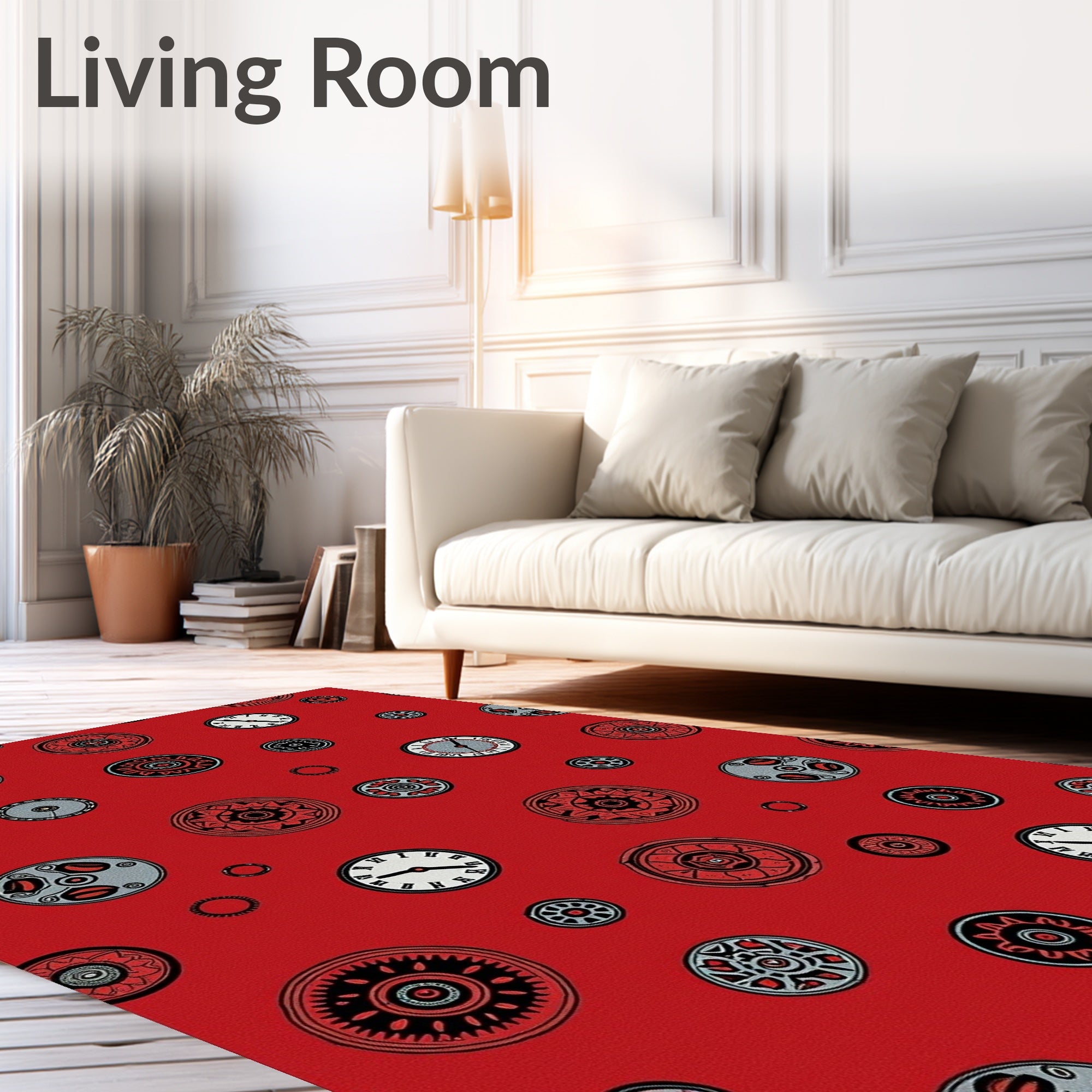 Red Steampunk Clock Medallion Collage Rug