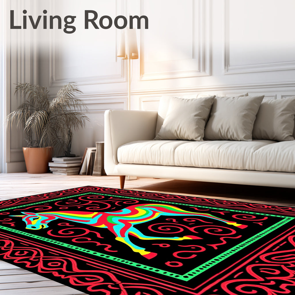 Colorful Horse Tribal Border Rug