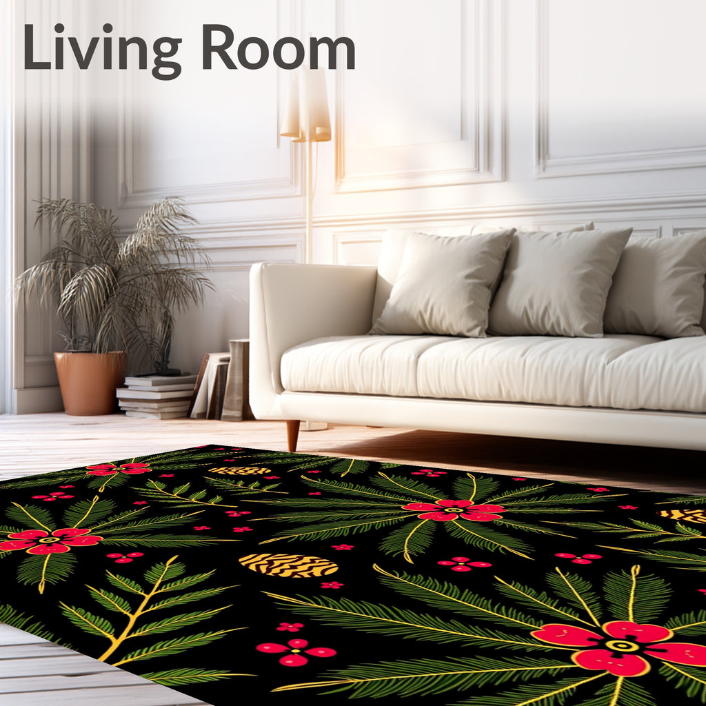 Red Floral Green Leaves Golden Eggs Rug