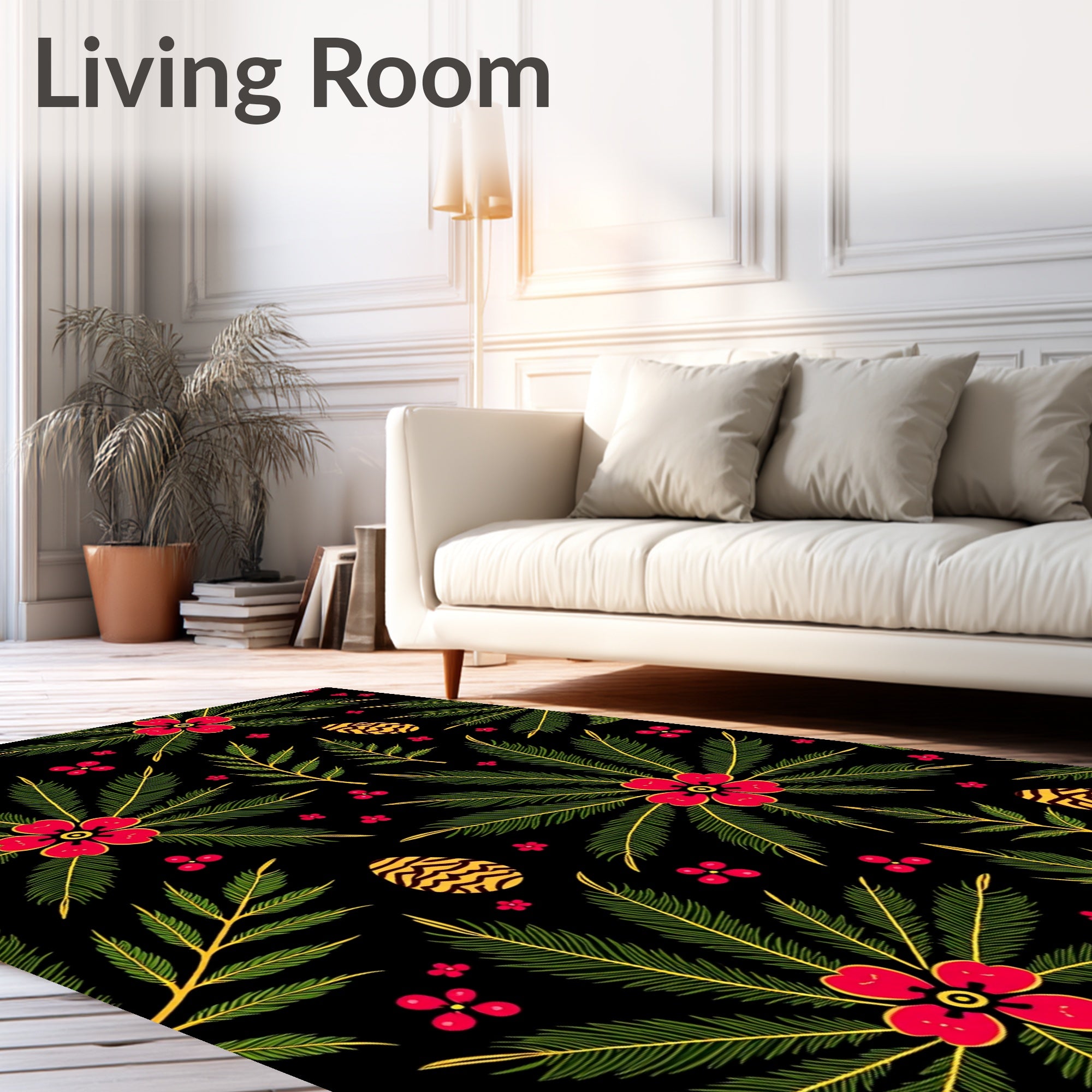 Red Floral Green Leaves Golden Eggs Rug