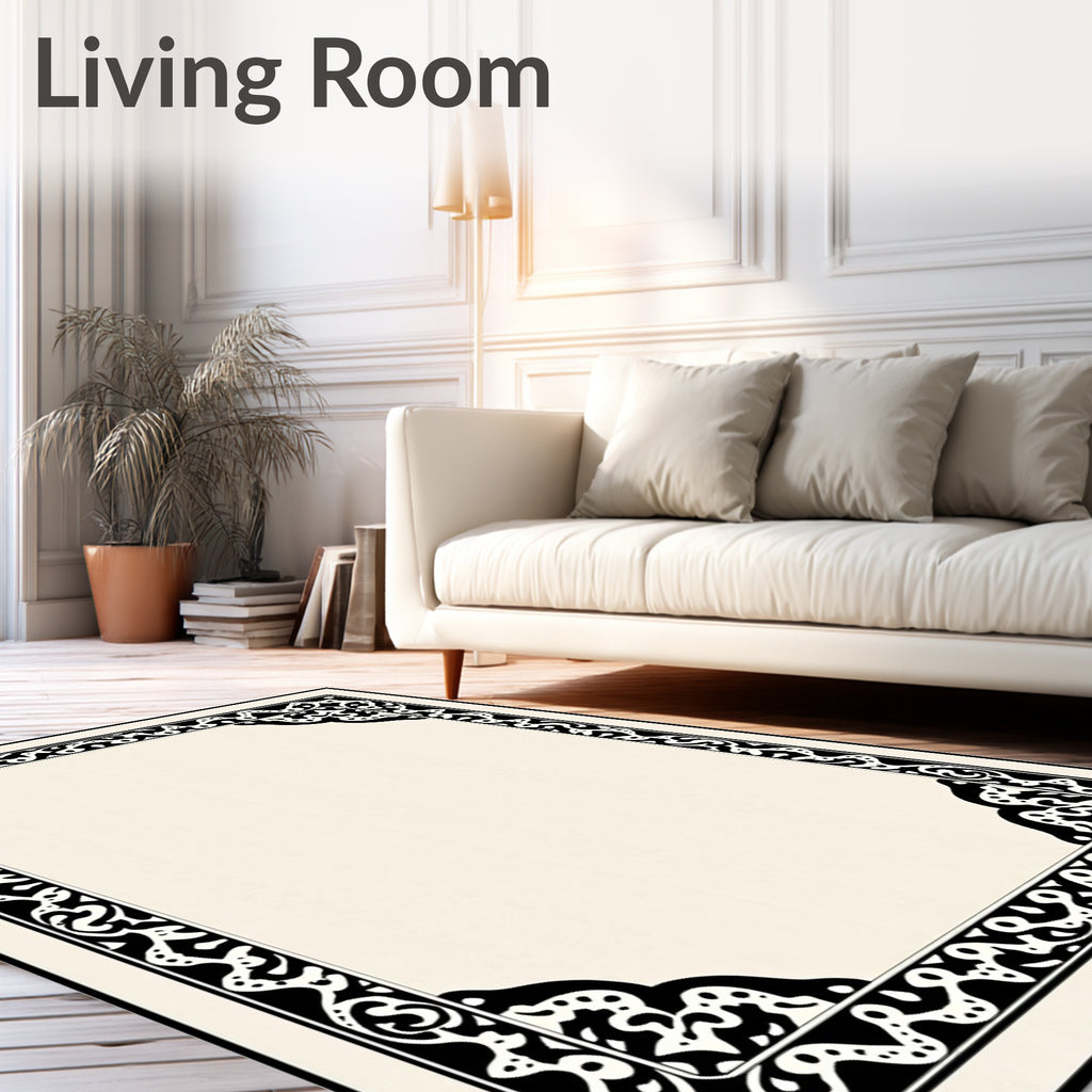 Ornate Black and Cream Border Rug