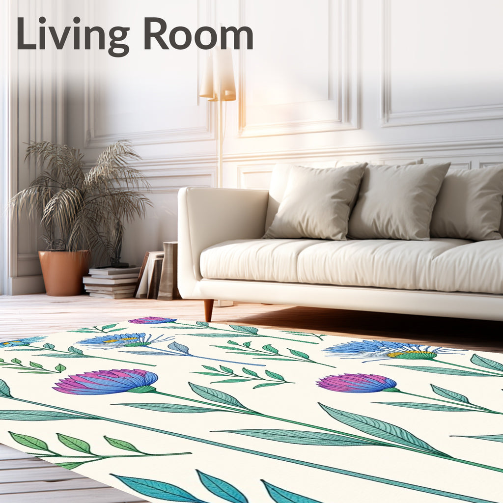 Whimsical Blue Magenta Floral Garden Rug
