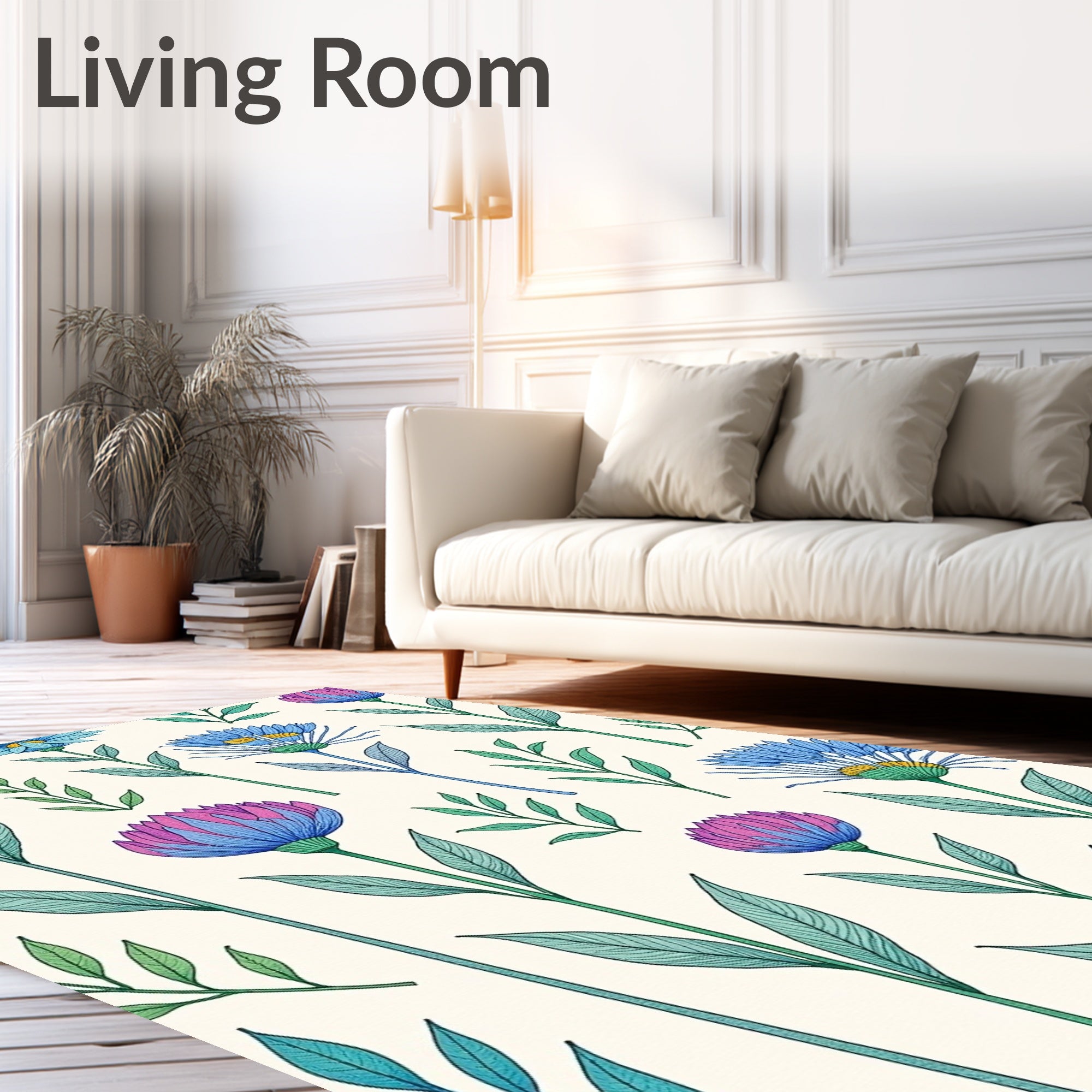 Whimsical Blue Magenta Floral Garden Rug