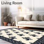 Dark Navy Floral Burlap Border Rug