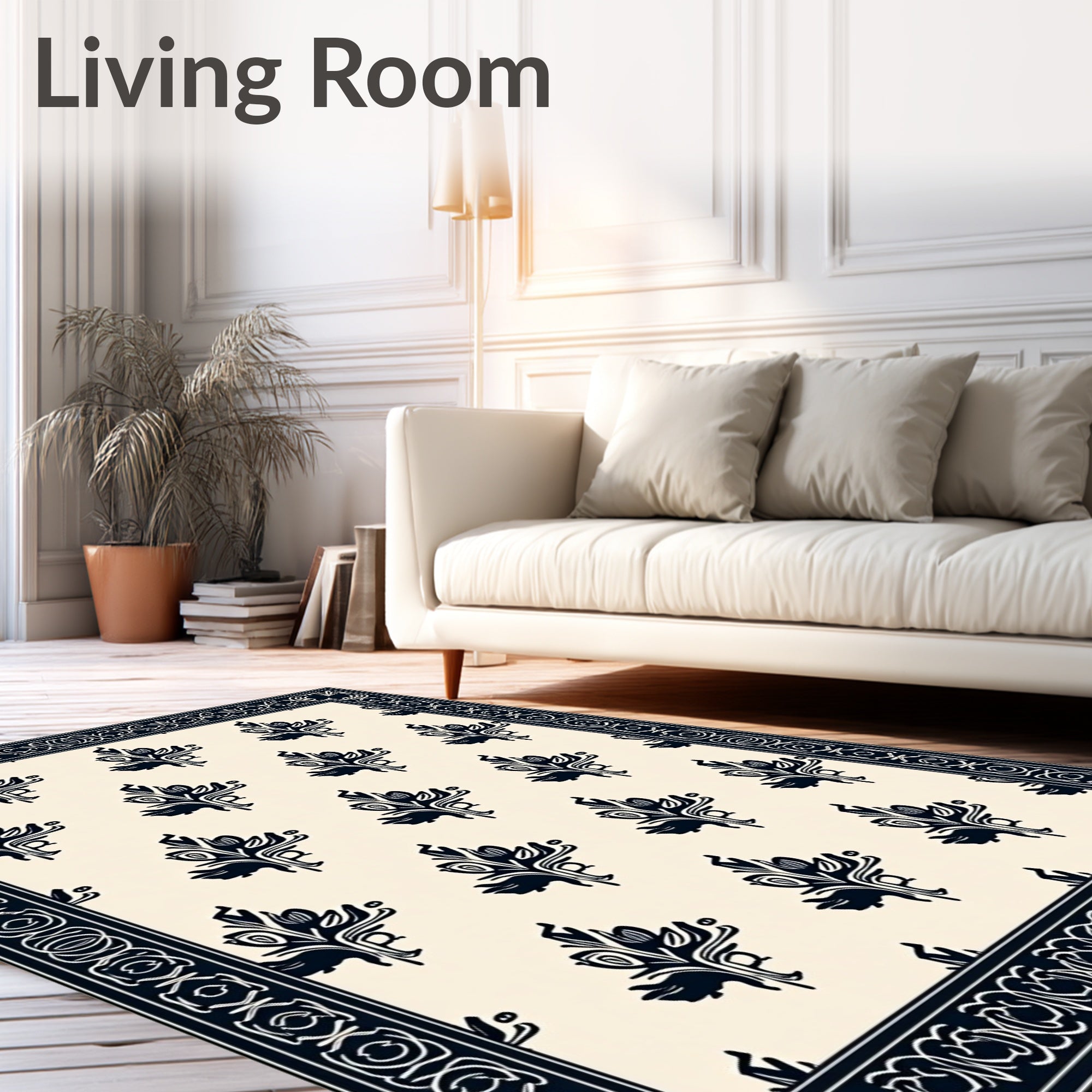 Dark Navy Floral Burlap Border Rug