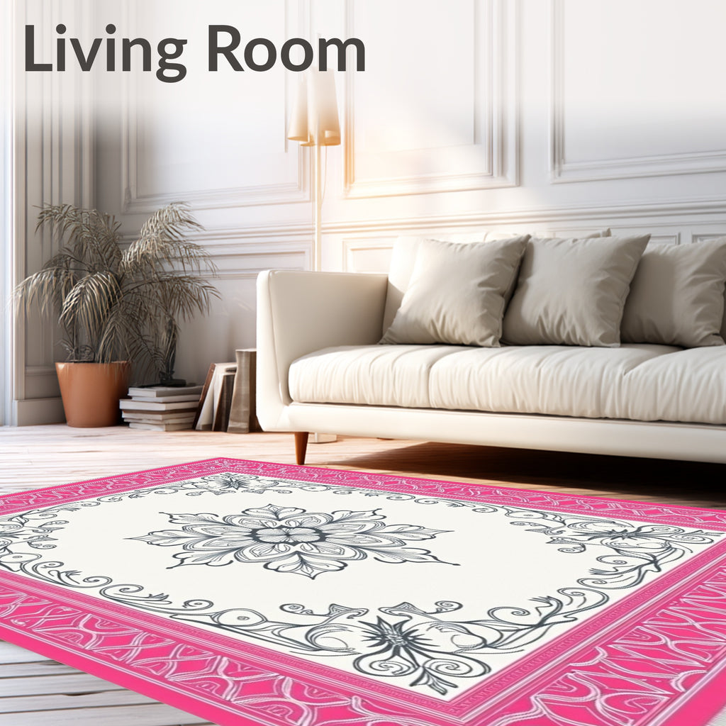 Bright Pink Floral Frame Medallion Rug