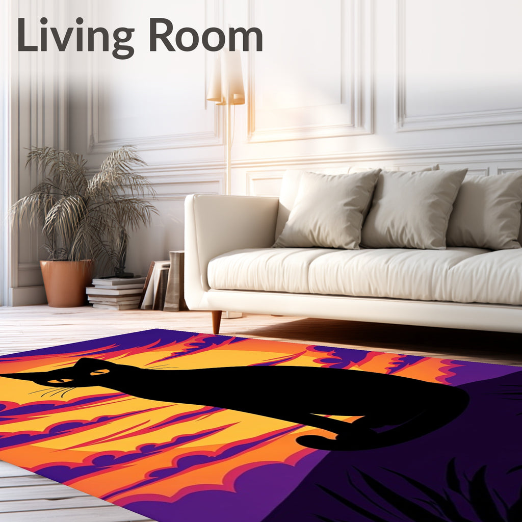 Black Cat Sunset Orange Purple Clouds Rug