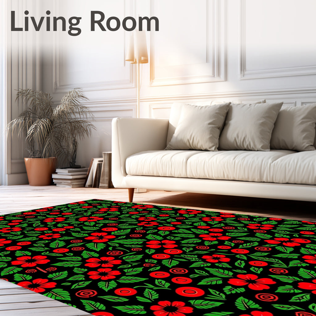 Black Red Floral Berry Garland Rug