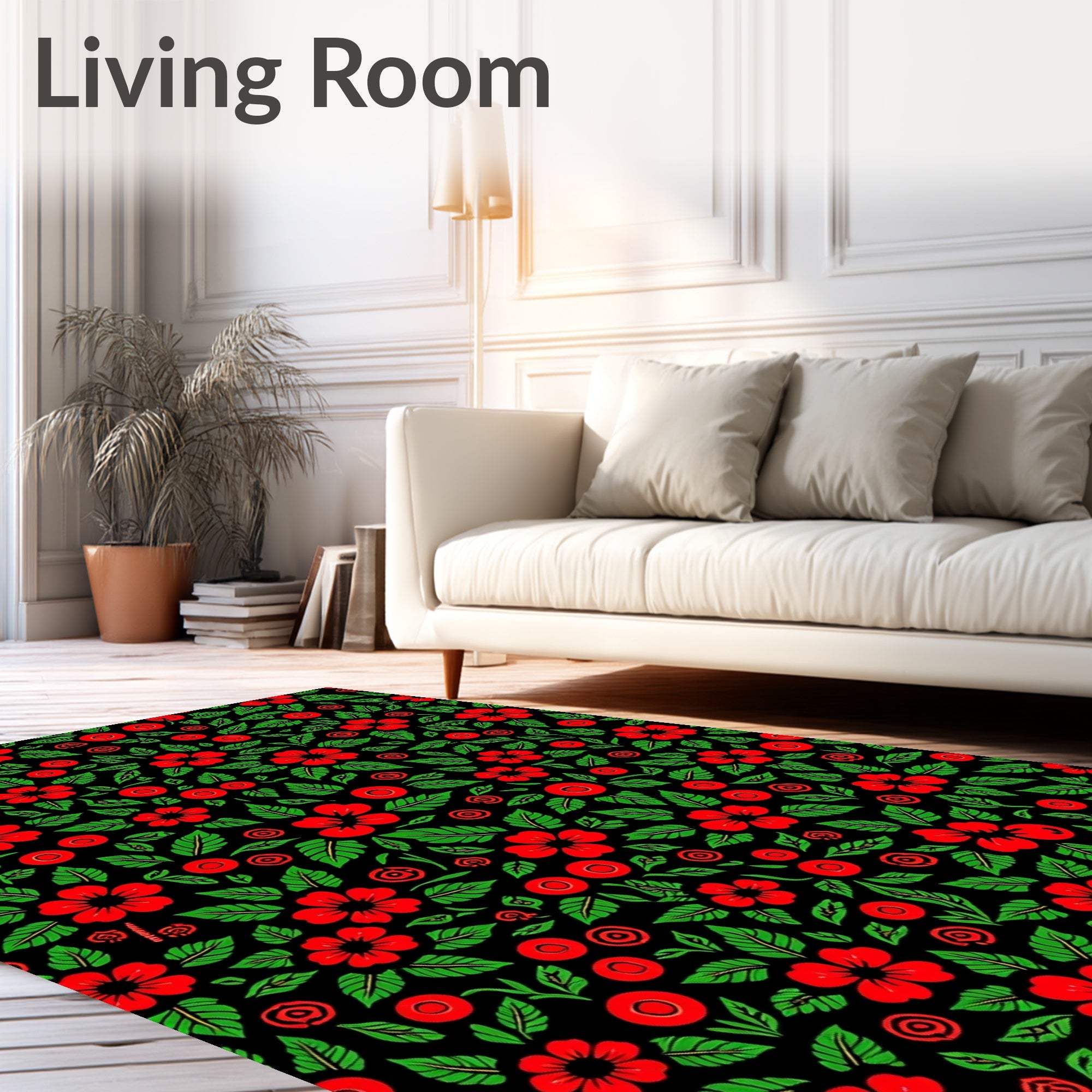 Black Red Floral Berry Garland Rug