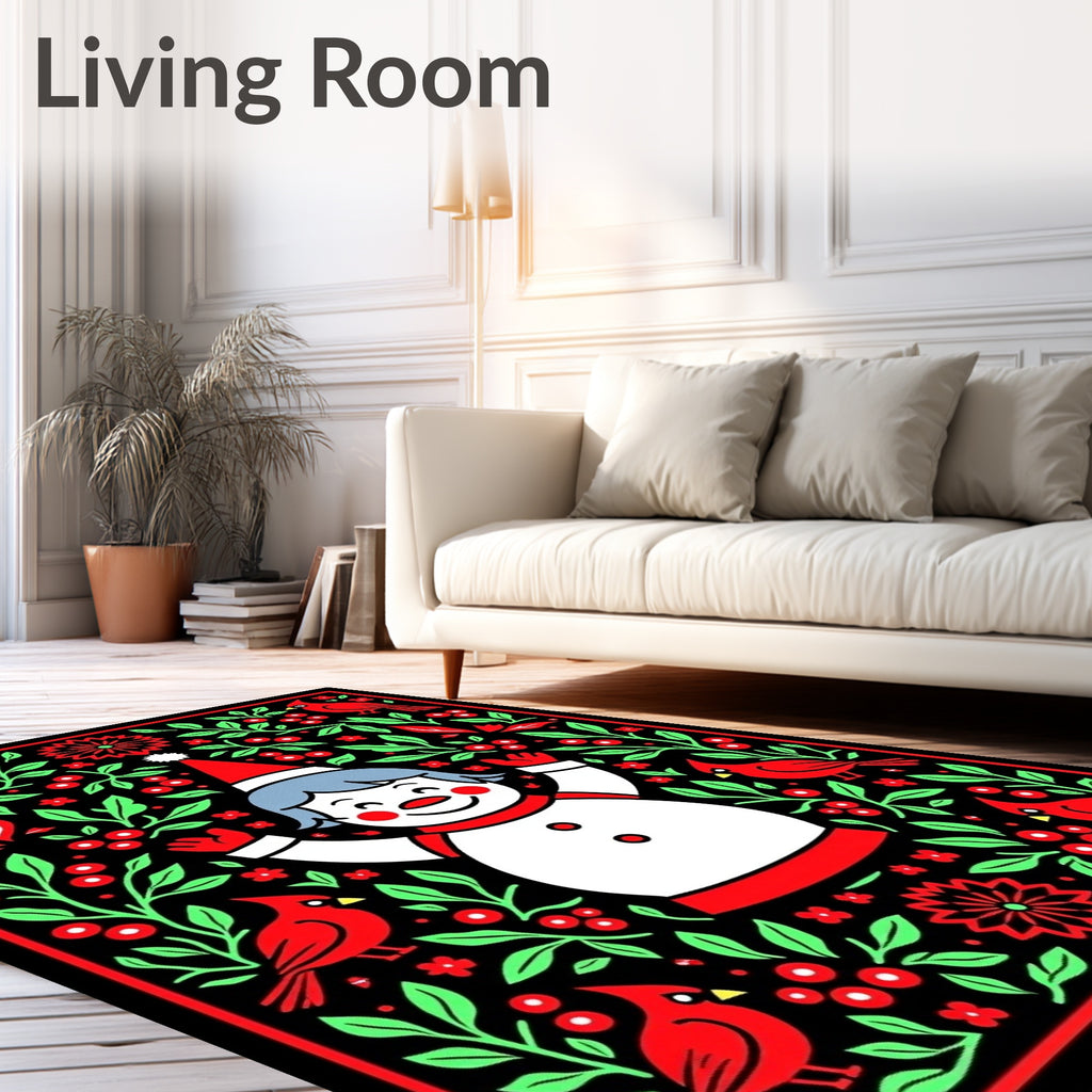 Festive Snowman Red Cardinal Floral Border Rug