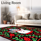 Festive Snowman Red Cardinal Floral Border Rug