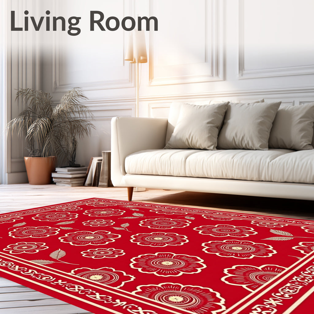 Crimson Floral Garden Frame Rug