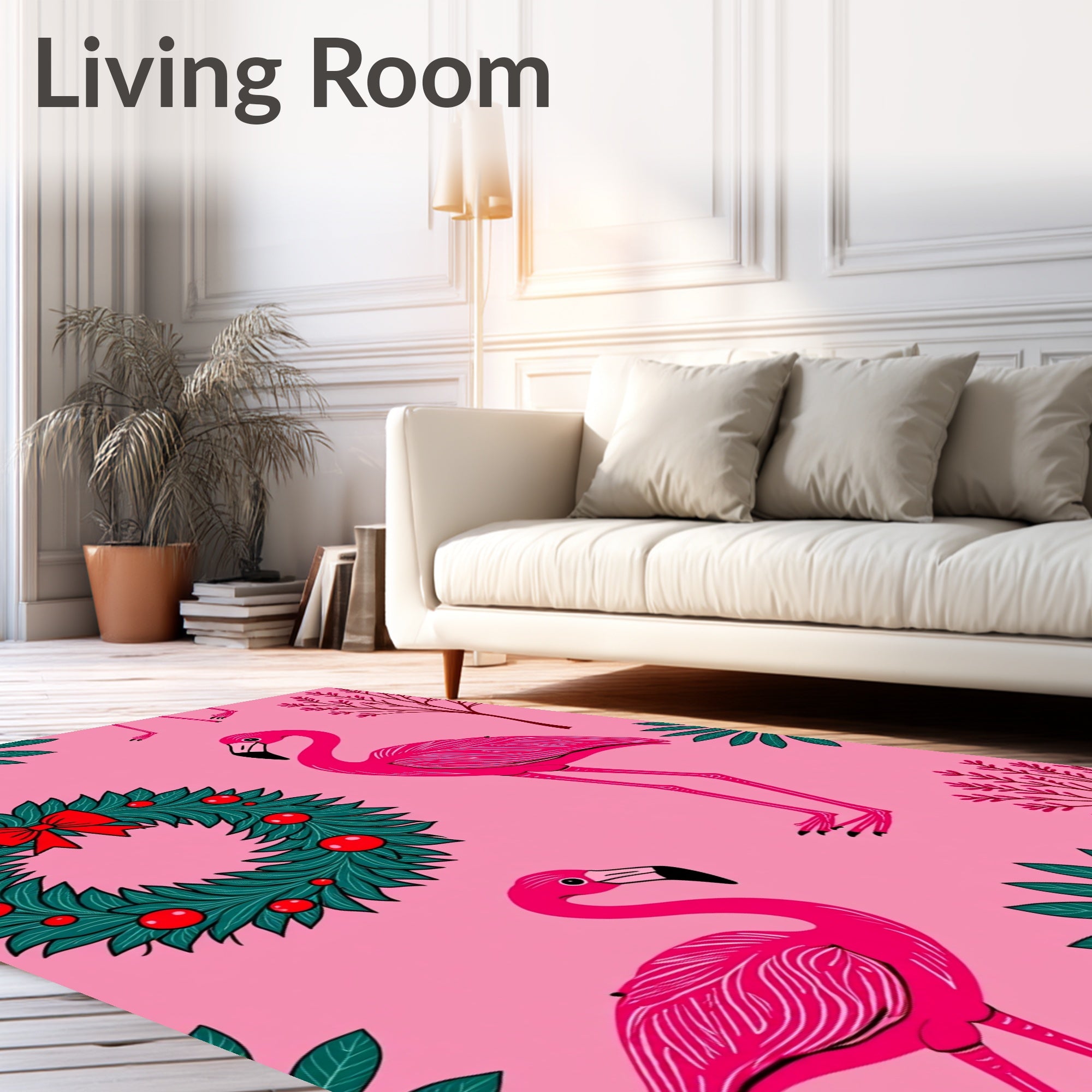 Pink Flamingo Wreath Tropical Foliage Rug