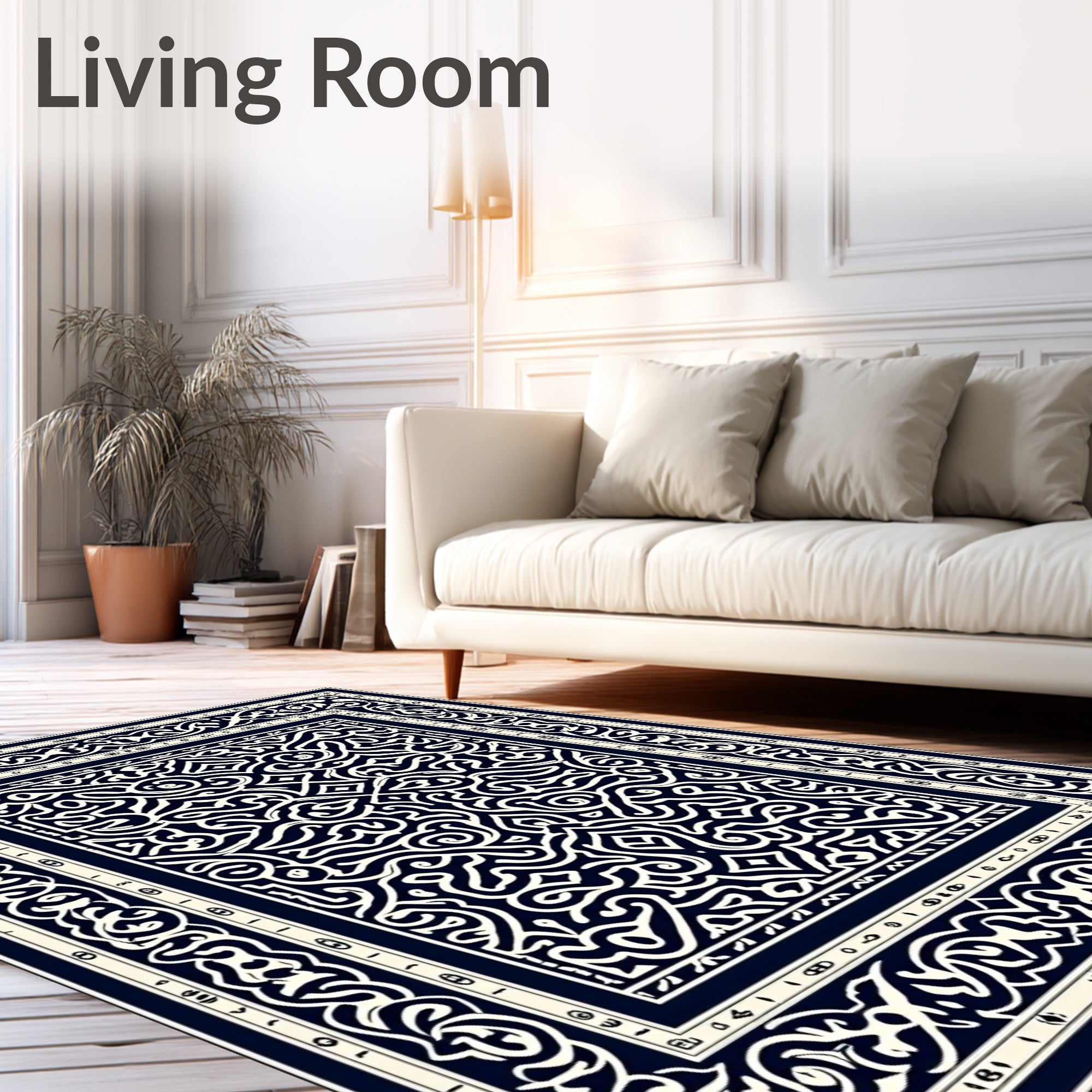 Navy Cream Intricate Scrollwork Border Rug