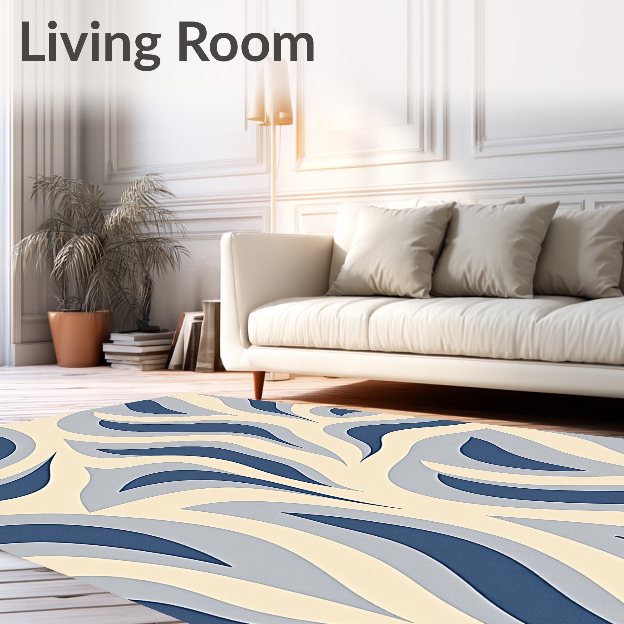 Abstract Blue Cream Flowing Waves Rug
