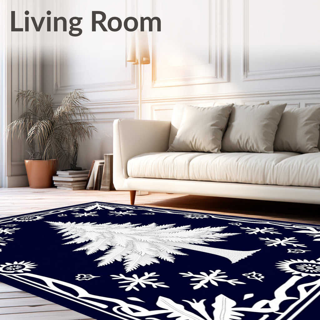 White Pine Tree Snowflakes Border Rug