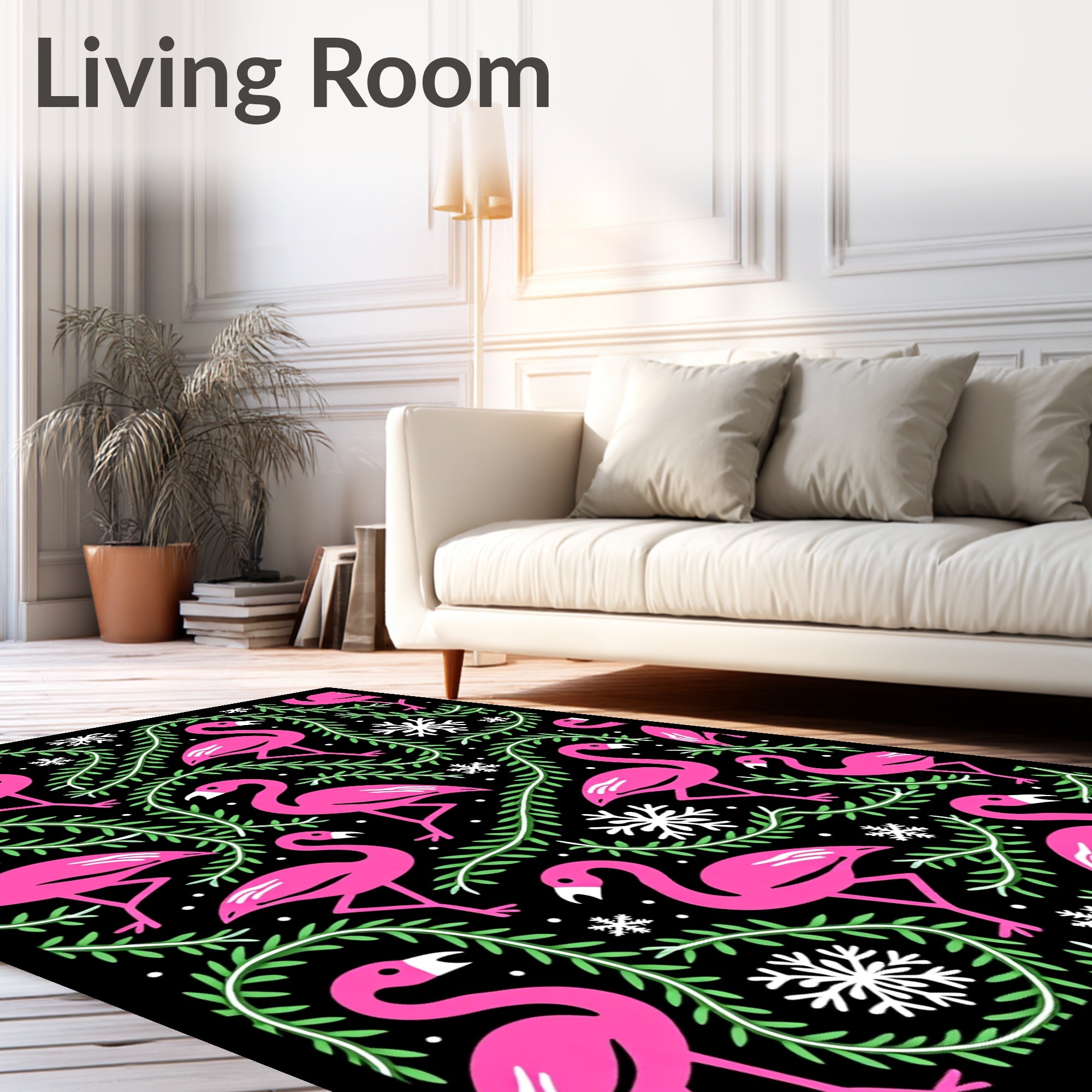 Pink Flamingos Green Foliage Snowflakes Rug
