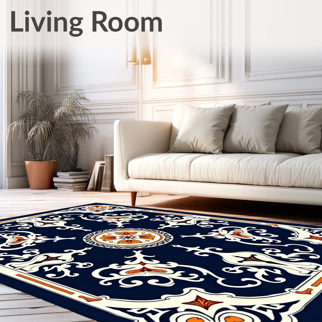 Navy Orange Floral Garden Medallion Rug