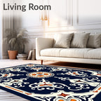 Navy Orange Floral Garden Medallion Rug