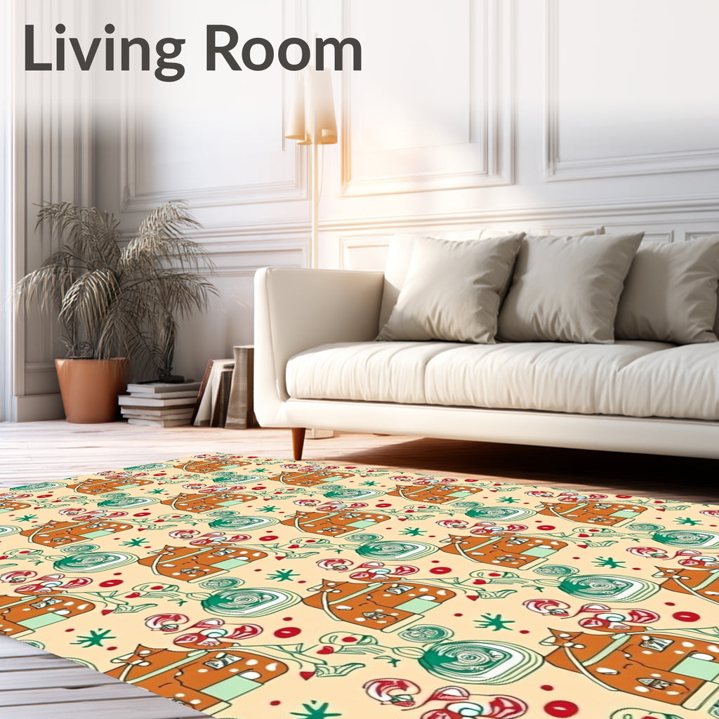 Whimsical Orange House Green Swirl Red Hearts Rug