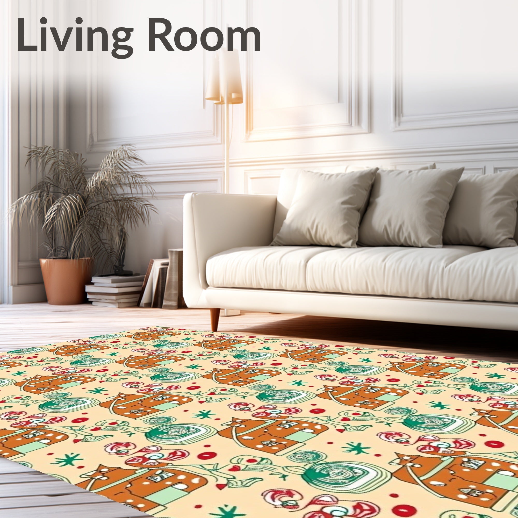 Whimsical Orange House Green Swirl Red Hearts Rug