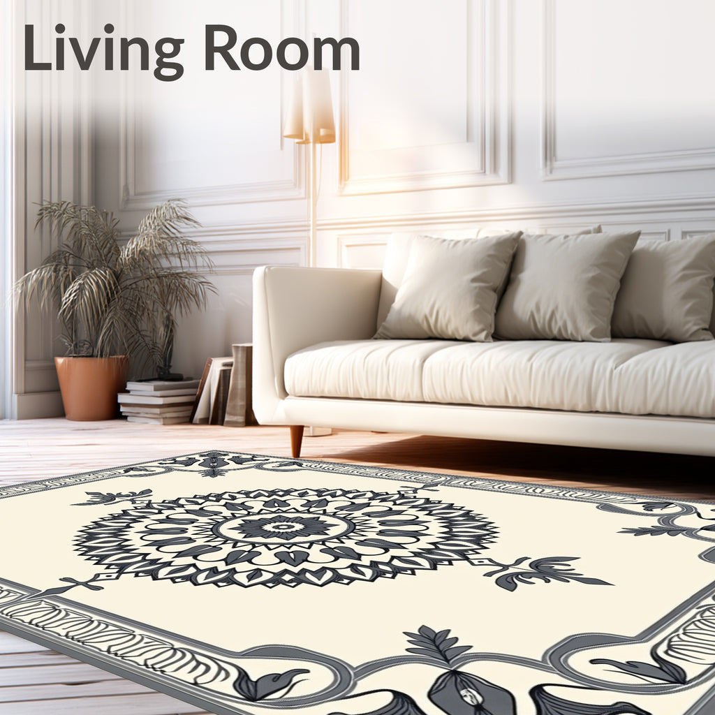 Ornate Cream Mandala Border Rug