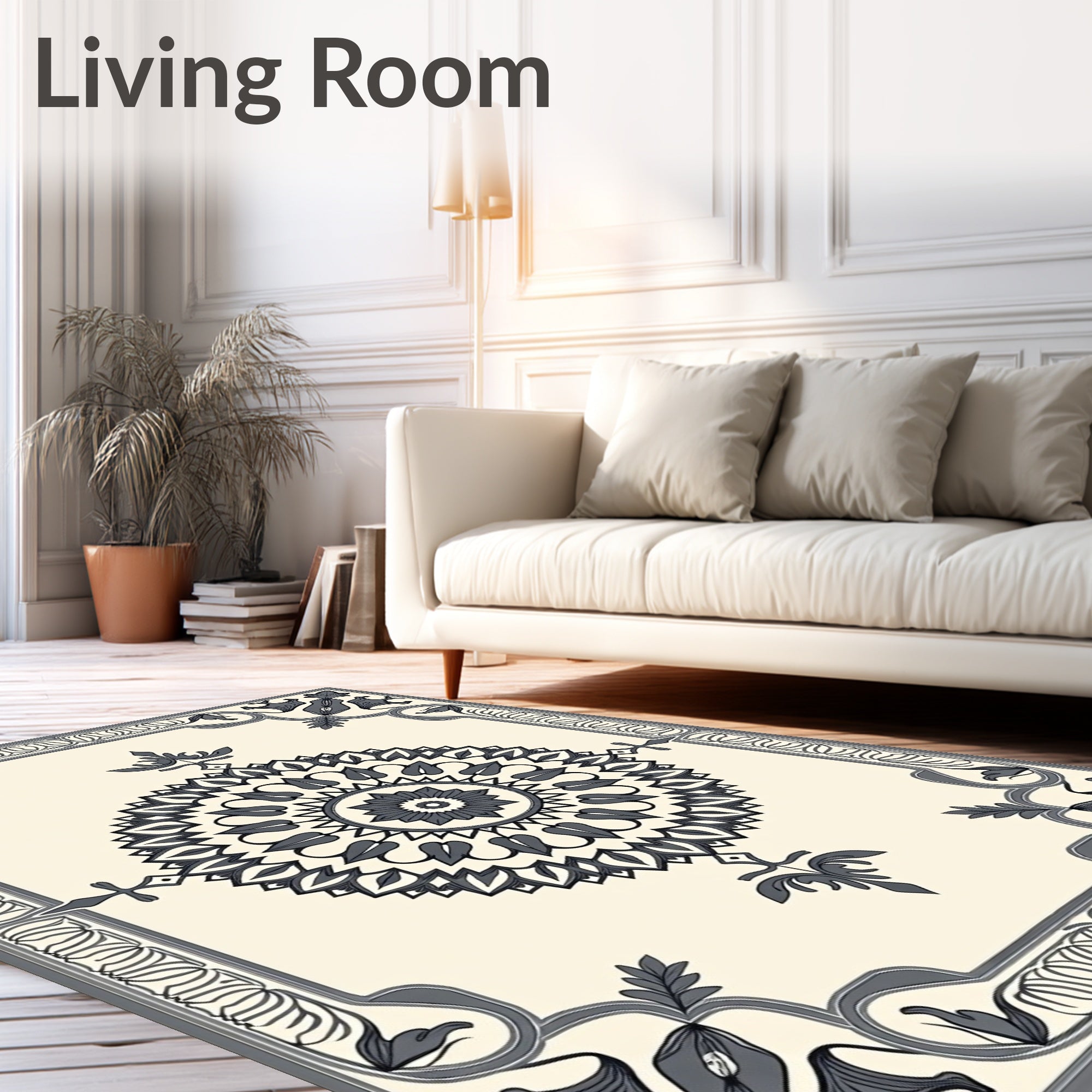 Ornate Cream Mandala Border Rug