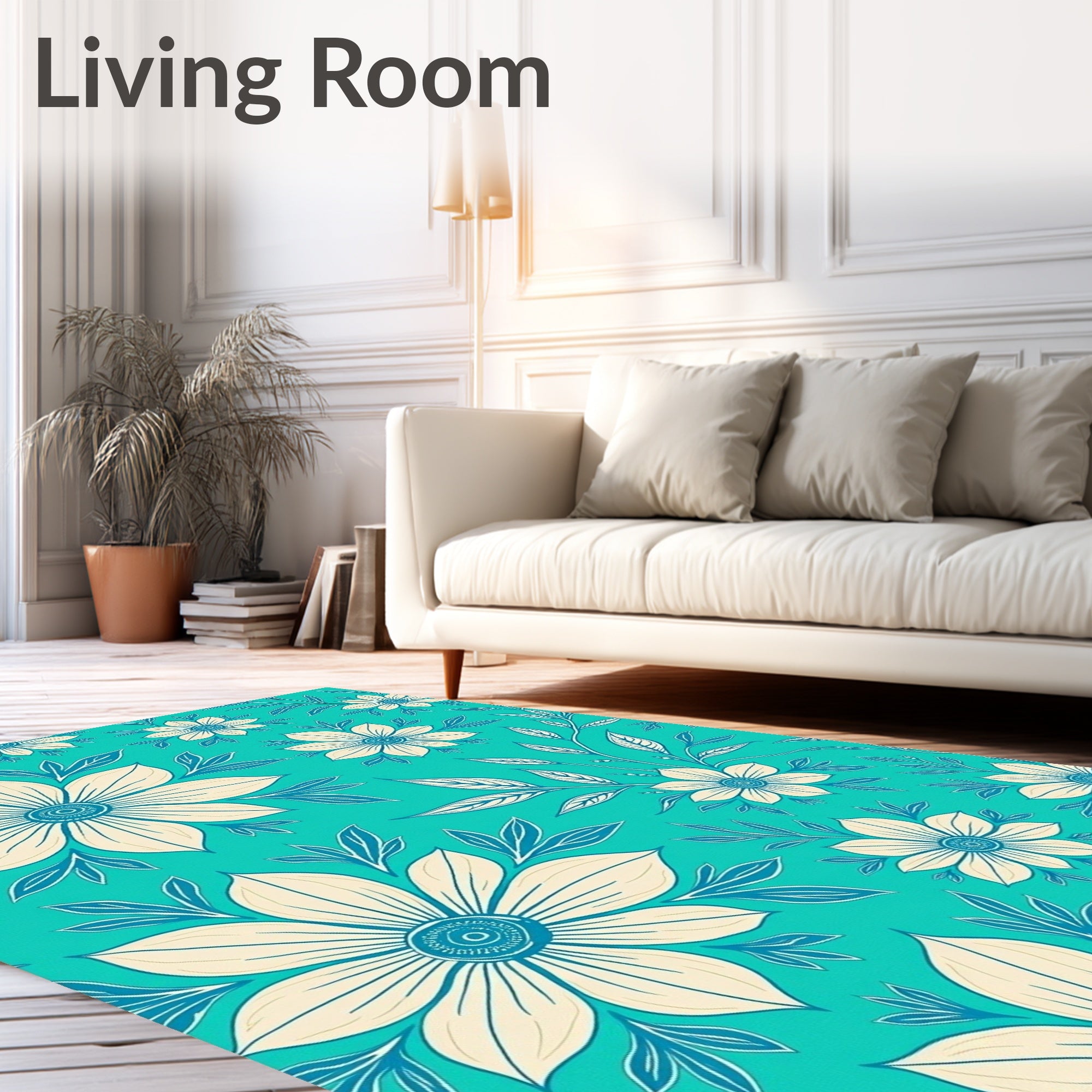 Cream Floral Vines Turquoise Background Rug
