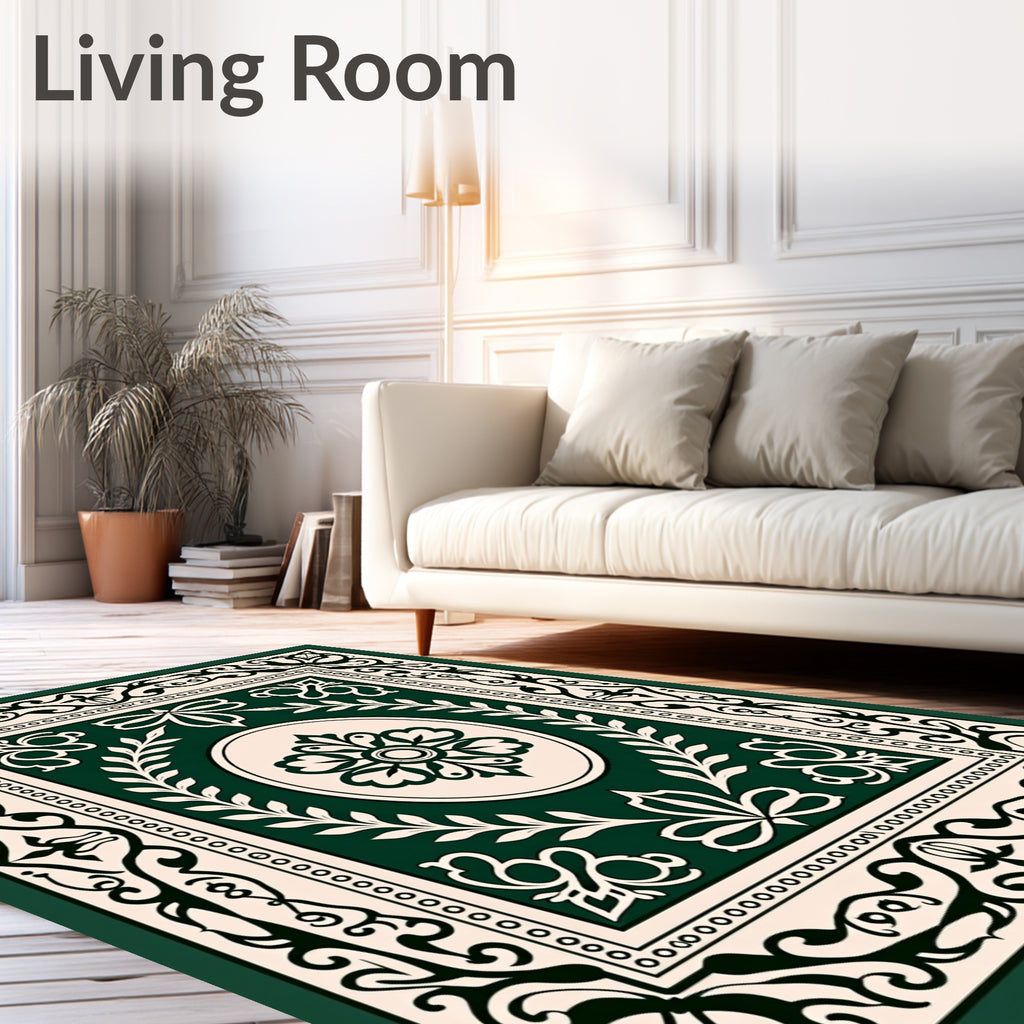 Ornate Emerald Botanical Scroll Rug